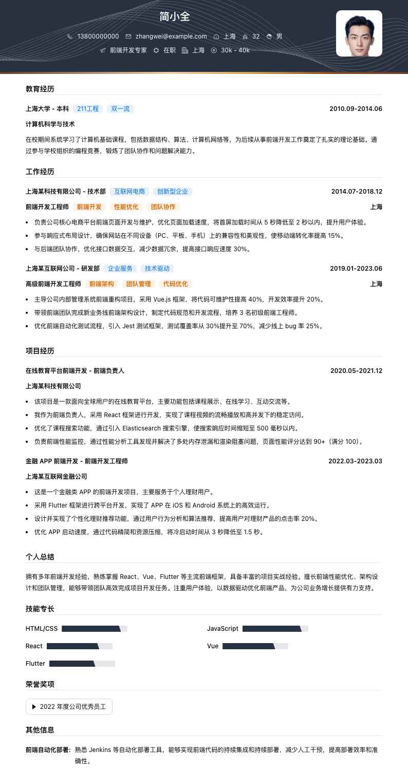 前端开发专家简历模板