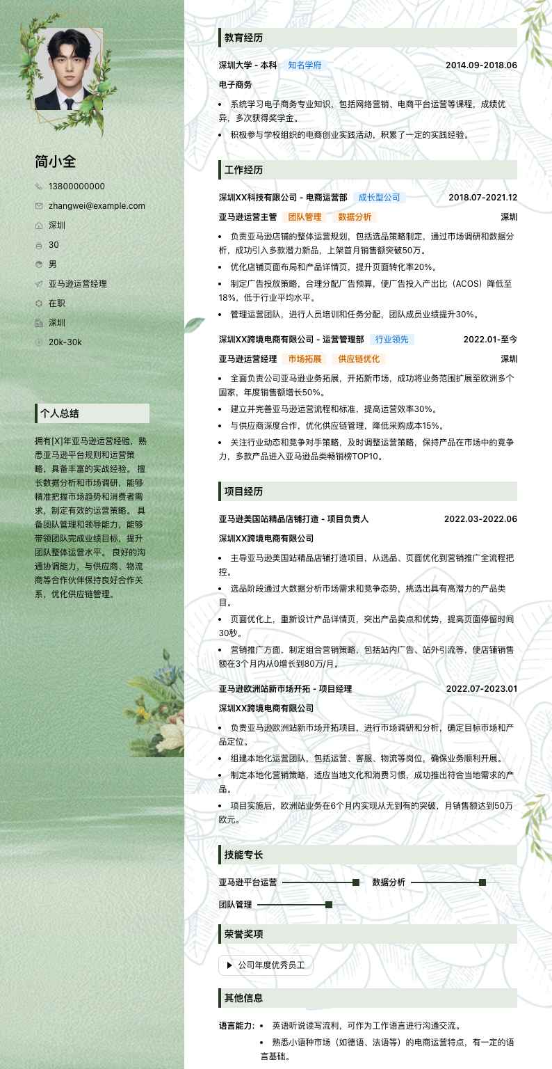 亚马逊运营经理简历模板