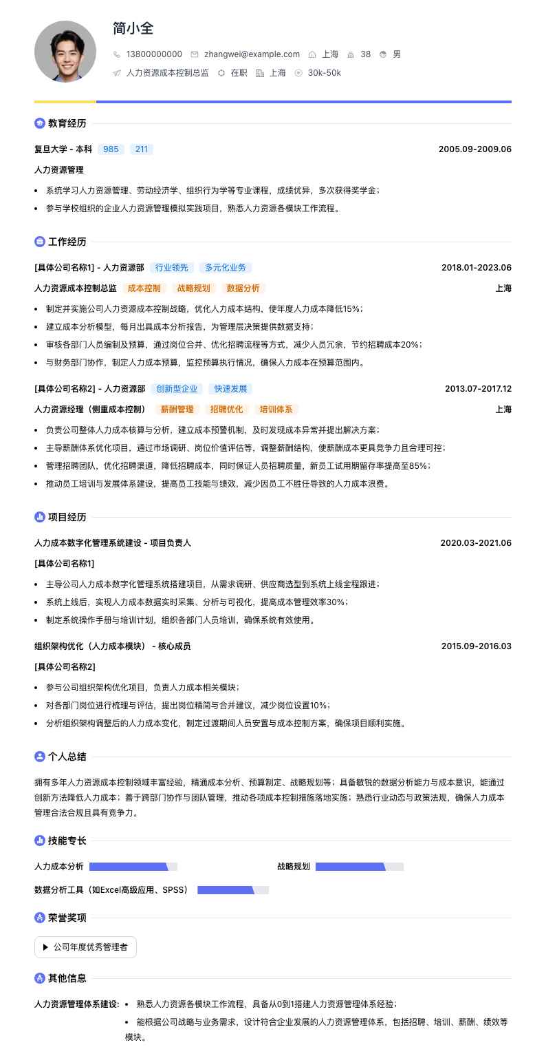 人力资源成本控制总监简历模板