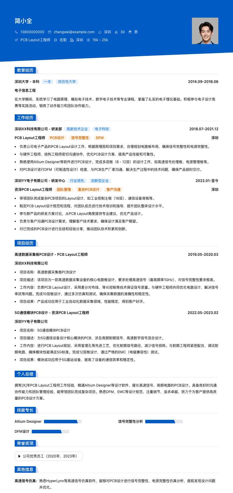 PCB Layout工程师简历模板