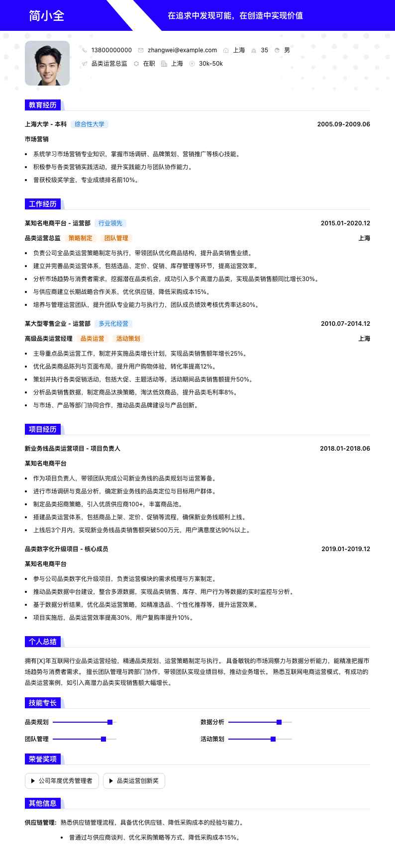 品类运营总监简历模板
