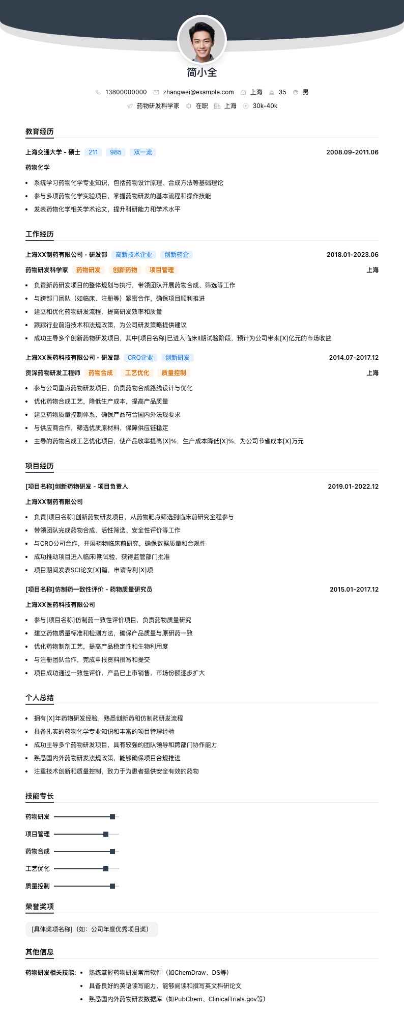 药物研发科学家简历模板
