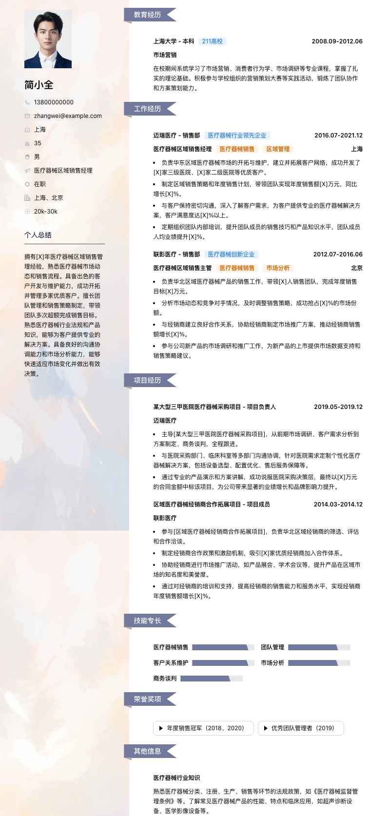 医疗器械区域销售经理简历模板