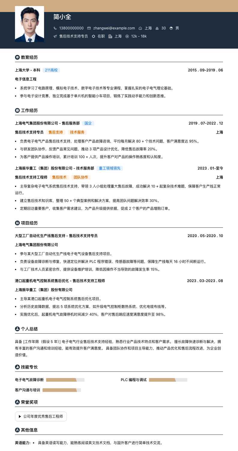 售后技术支持专员简历模板