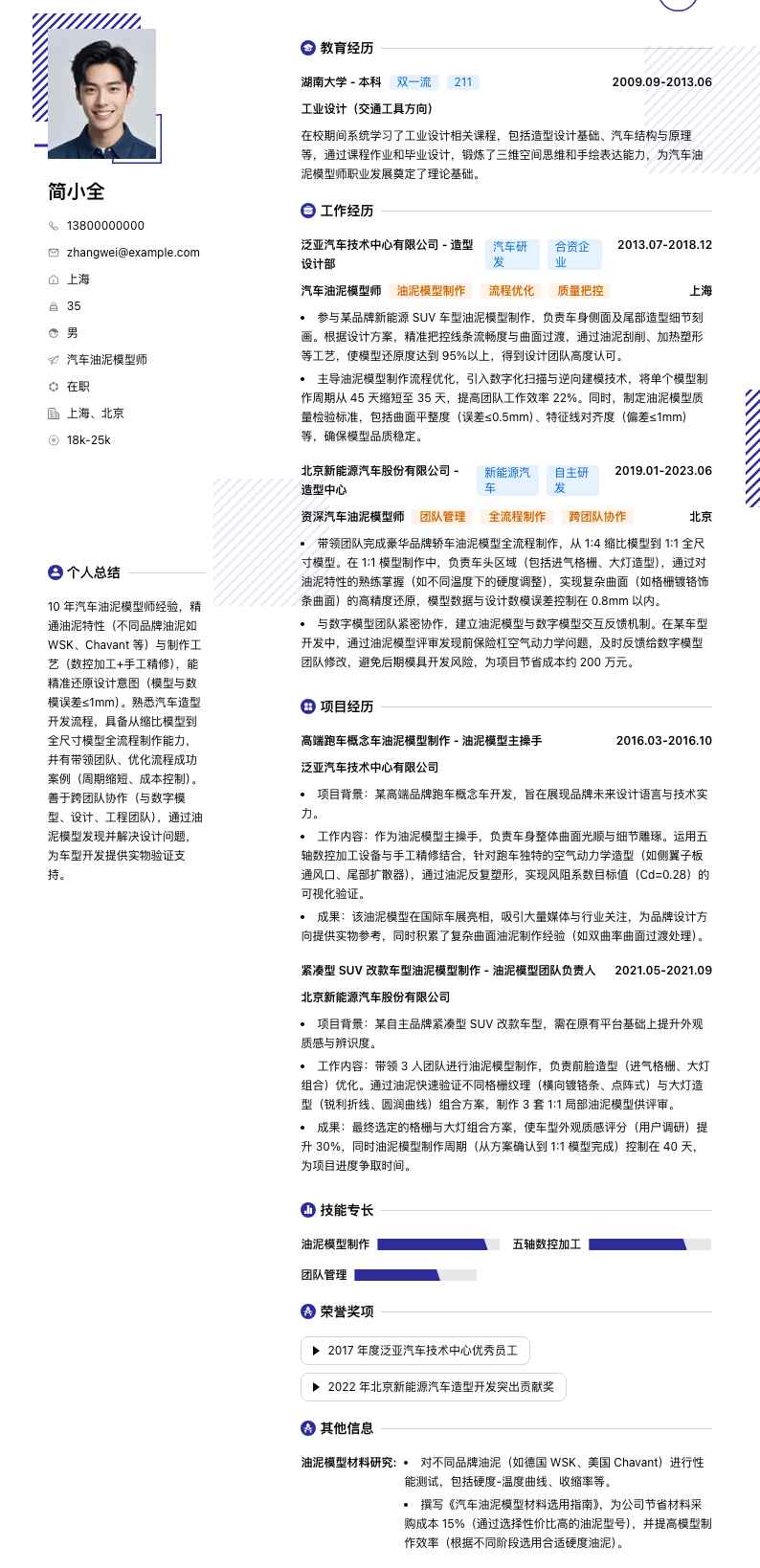 汽车油泥模型师简历模板