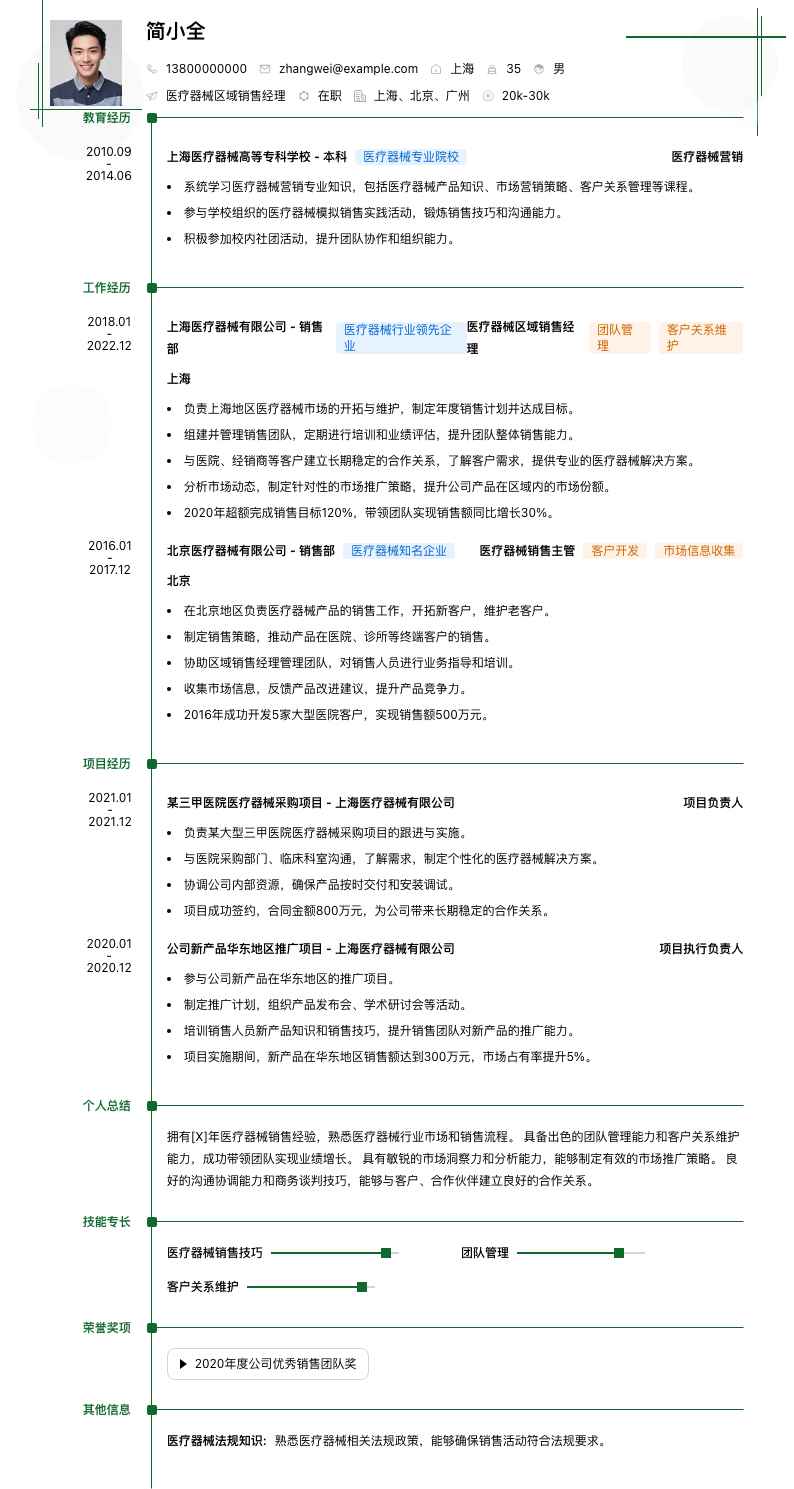医疗器械区域销售经理简历模板