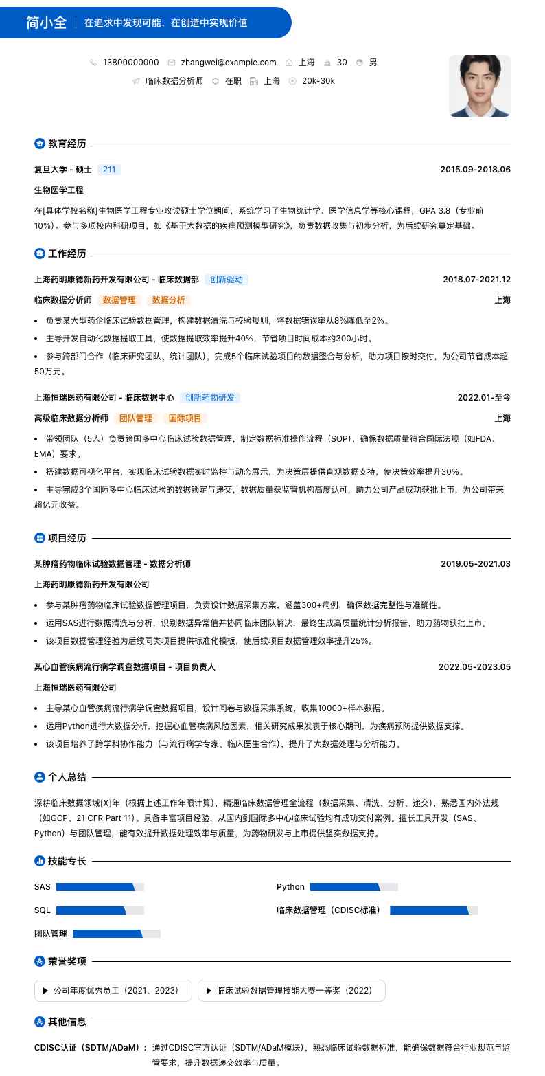 临床数据分析师简历模板