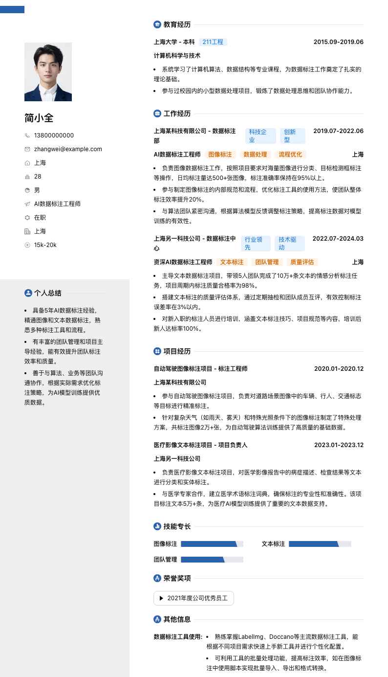AI 数据标注工程师简历模板