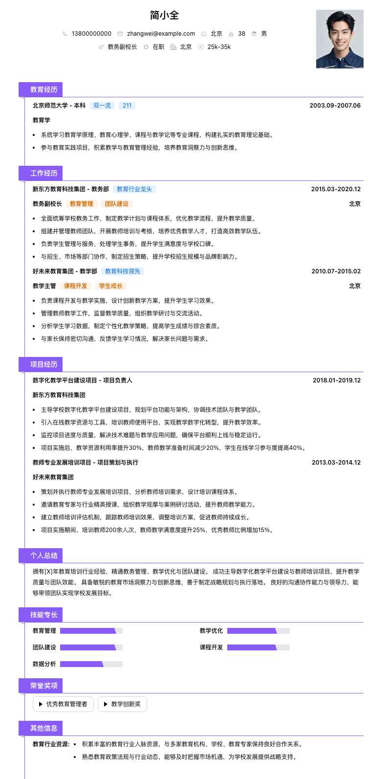 教务副校长简历模板