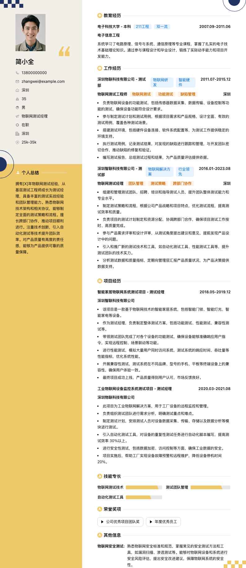 物联网测试经理简历模板