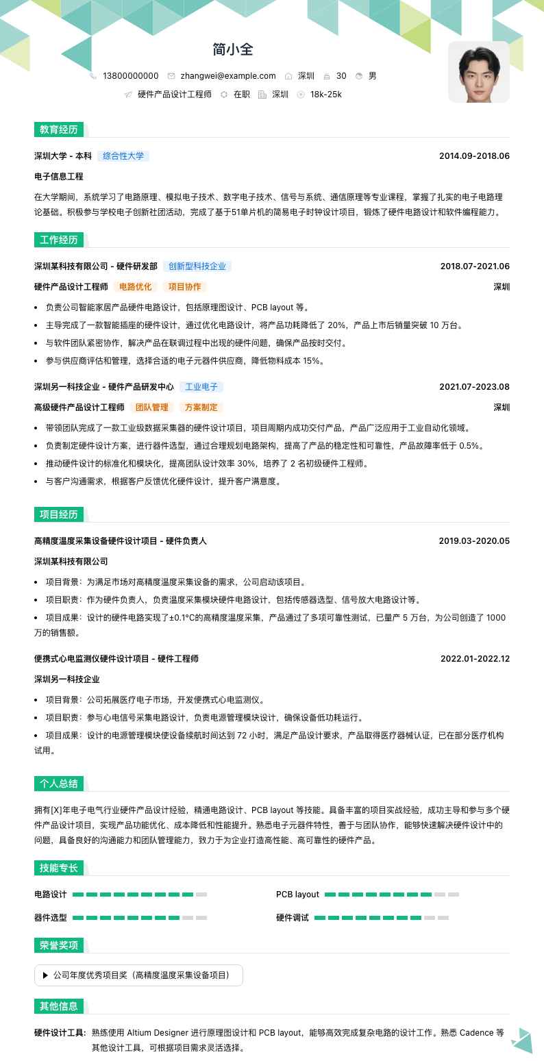 硬件产品设计工程师简历模板