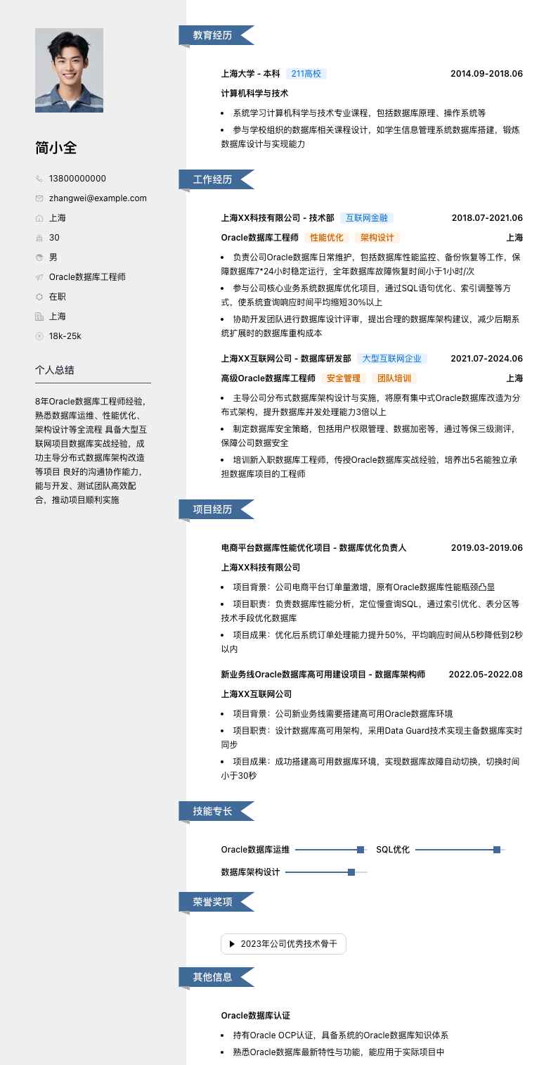 oracle数据库工程师简历模板