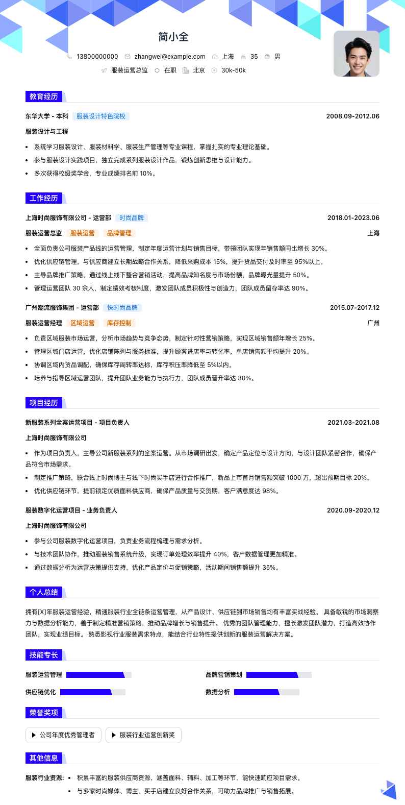 服装运营总监简历模板