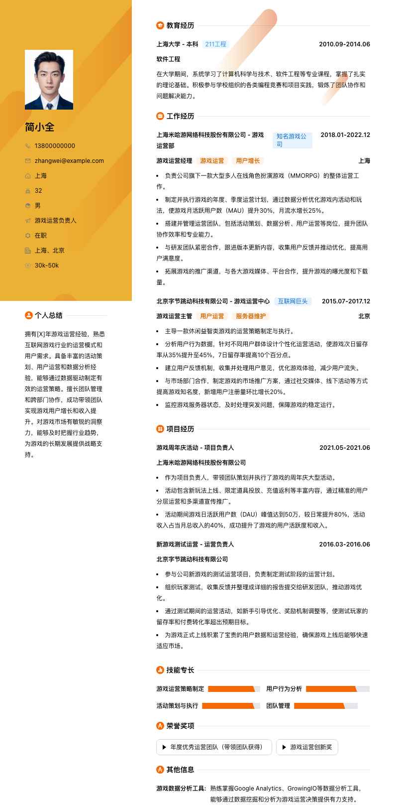 游戏运营负责人简历模板