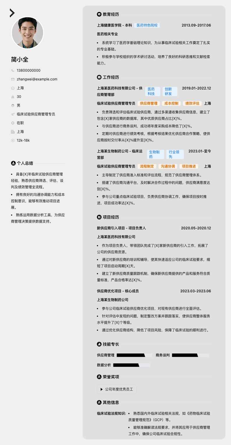 临床试验供应商管理专员简历模板