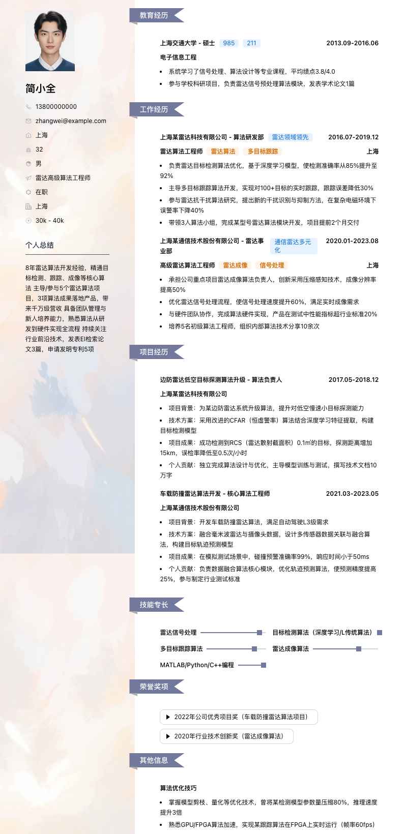 雷达高级算法工程师简历模板