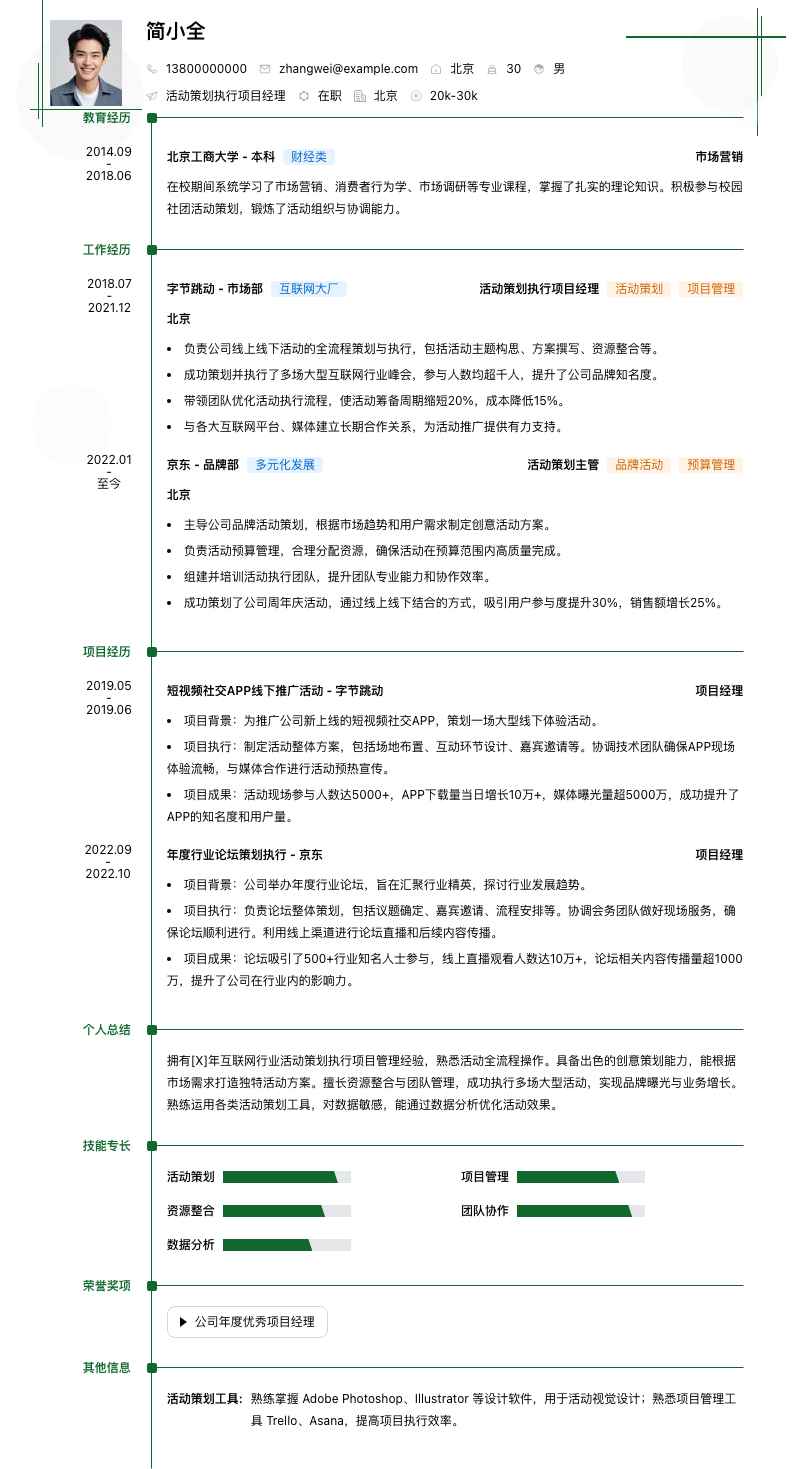 活动策划执行项目经理简历模板
