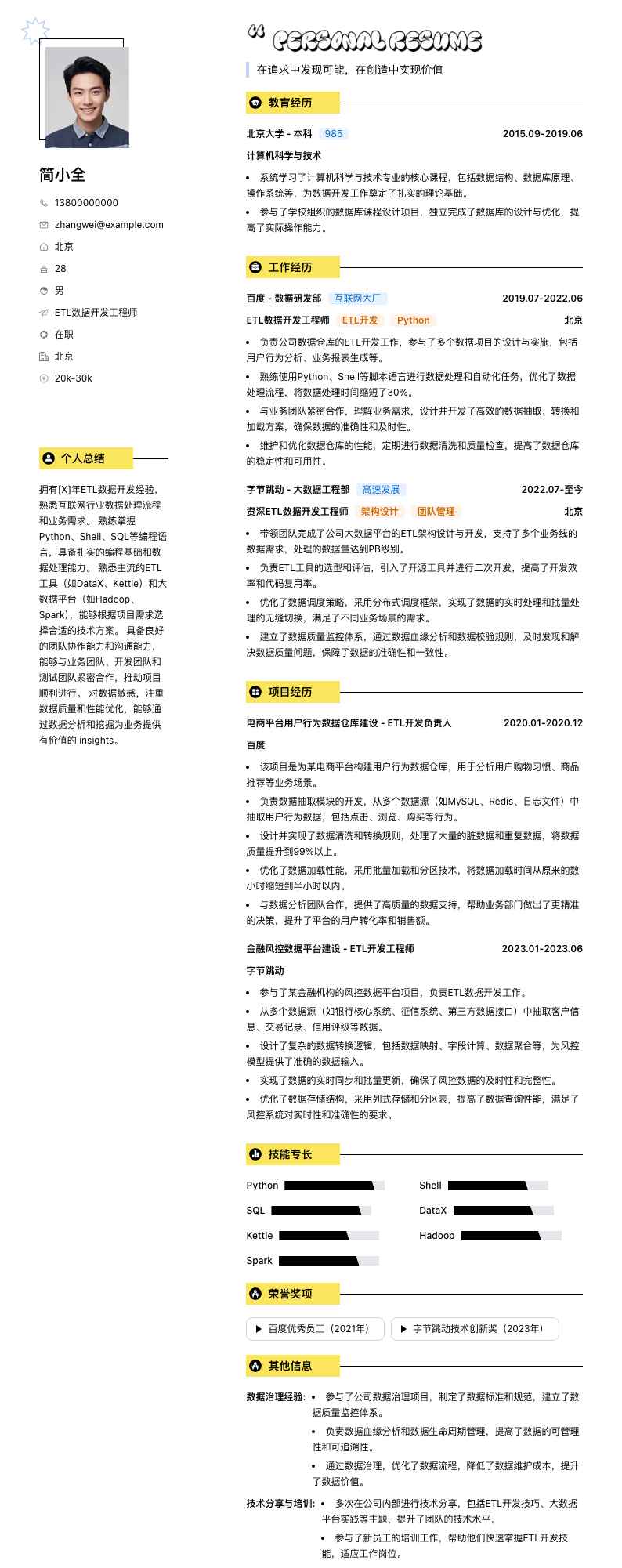 etl数据开发简历模板