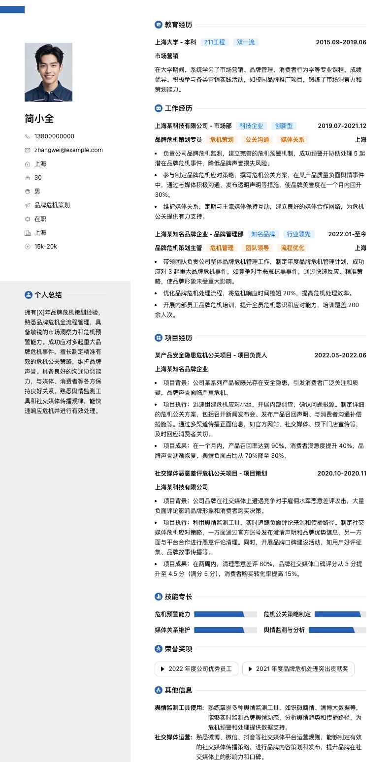 品牌危机策划简历模板