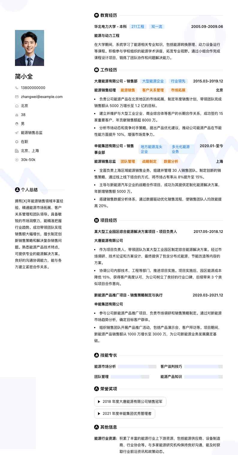 能源销售总监简历模板