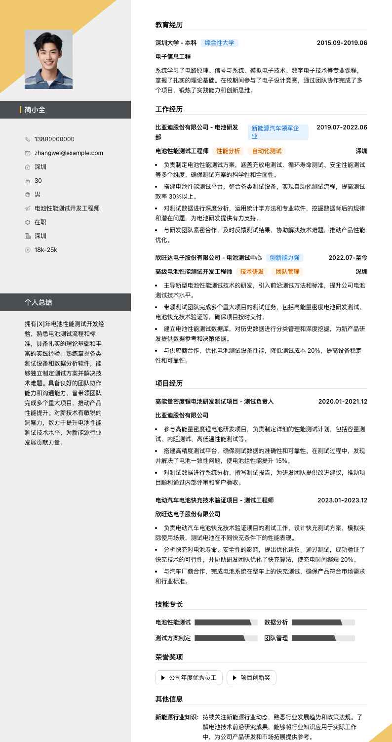 电池性能测试简历模板