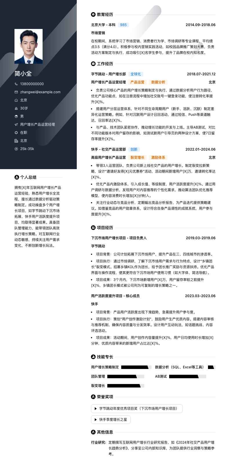 用户增长产品运营经理简历模板