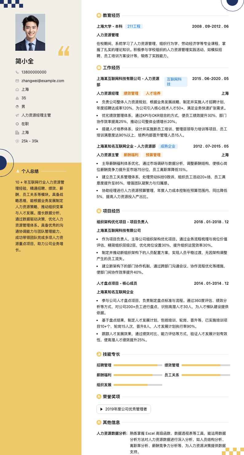 人力资源经理主管简历模板