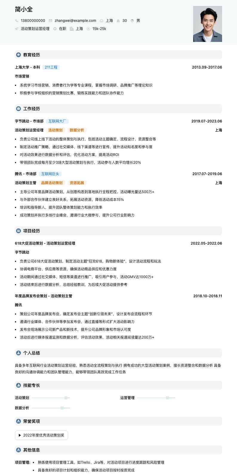 活动策划运营经理简历模板