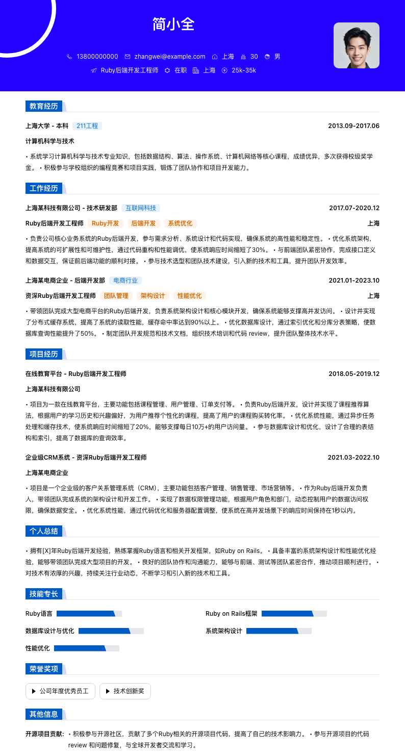 Ruby后端开发工程师简历模板