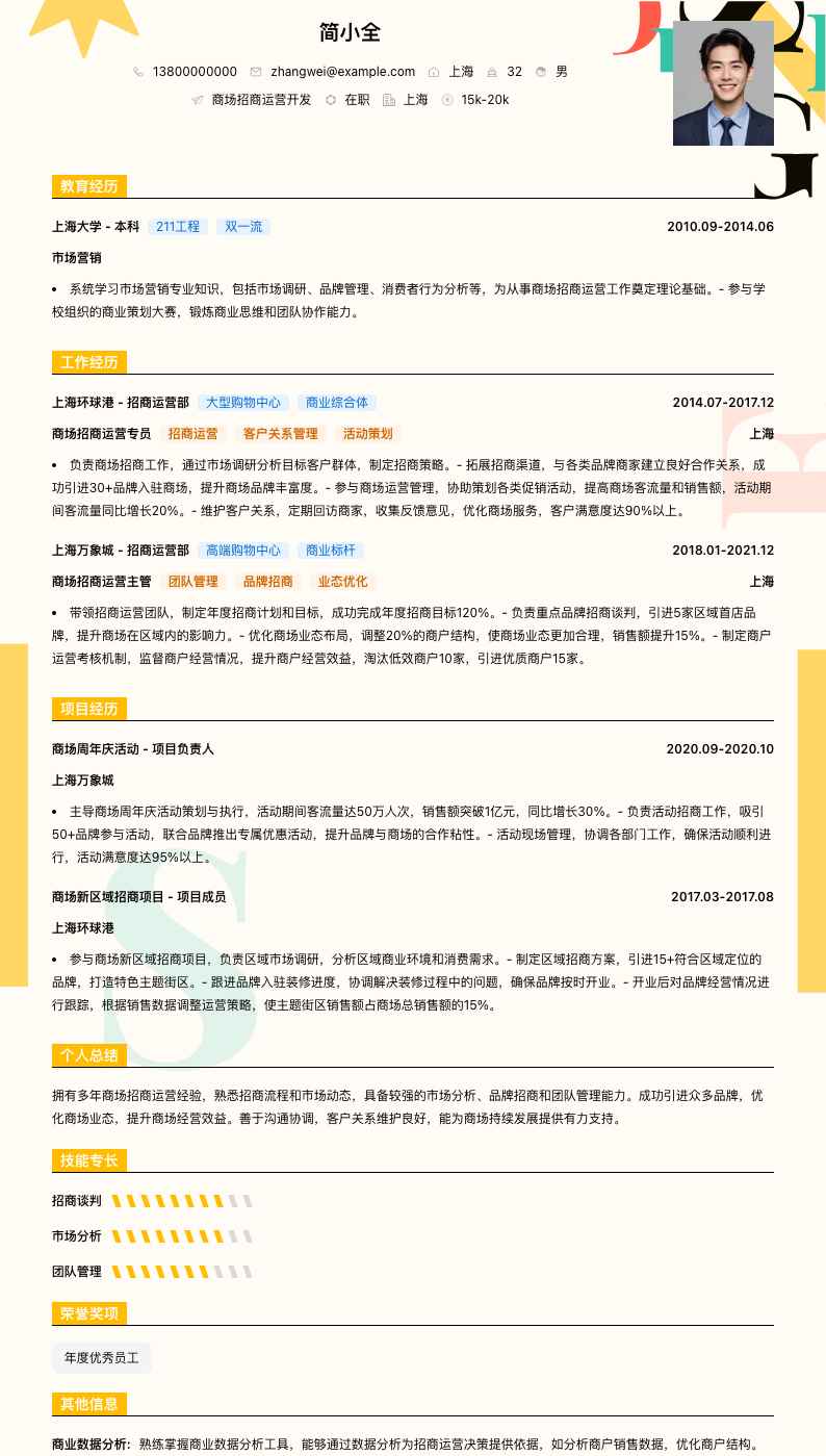 商场招商运营简历模板