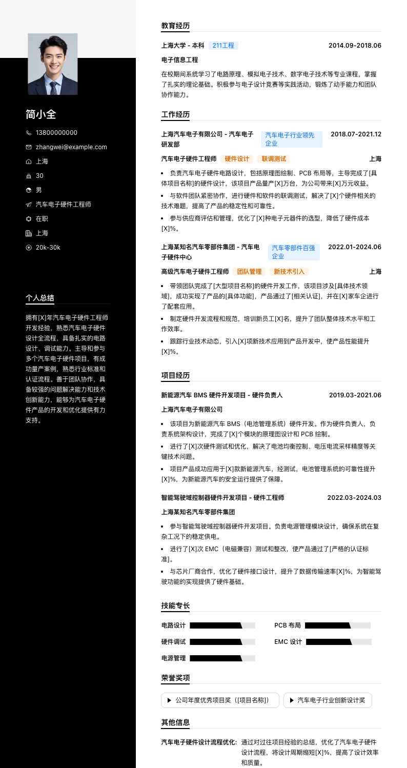 汽车电子硬件工程师简历模板