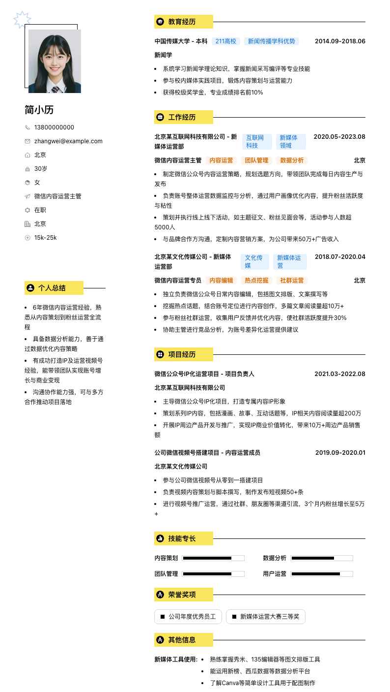 微信内容运营主管简历模板