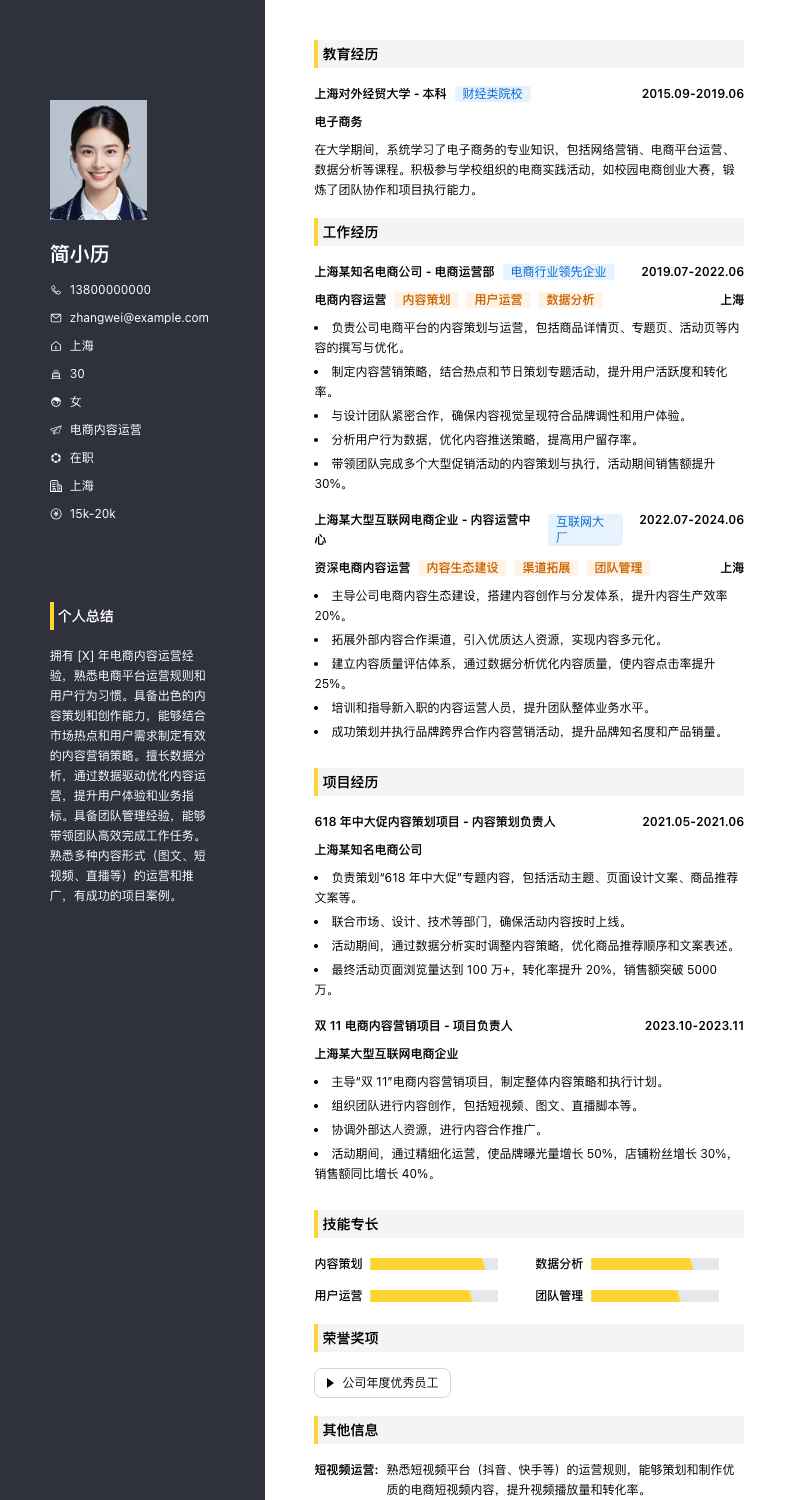 电商内容运营简历模板