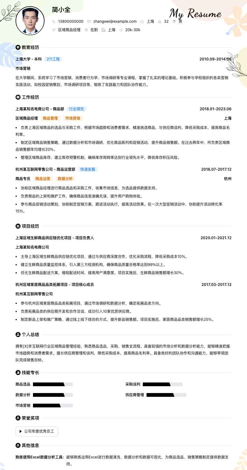 区域商品经理简历模板