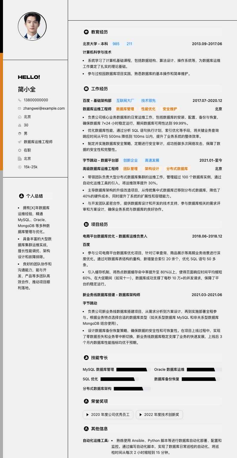 数据库运维工程师简历模板