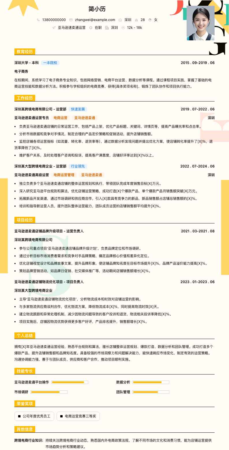 亚马逊速卖通运营简历模板