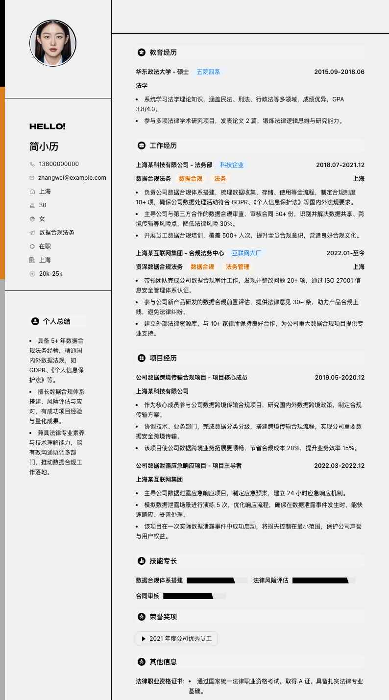 数据合规法务简历模板