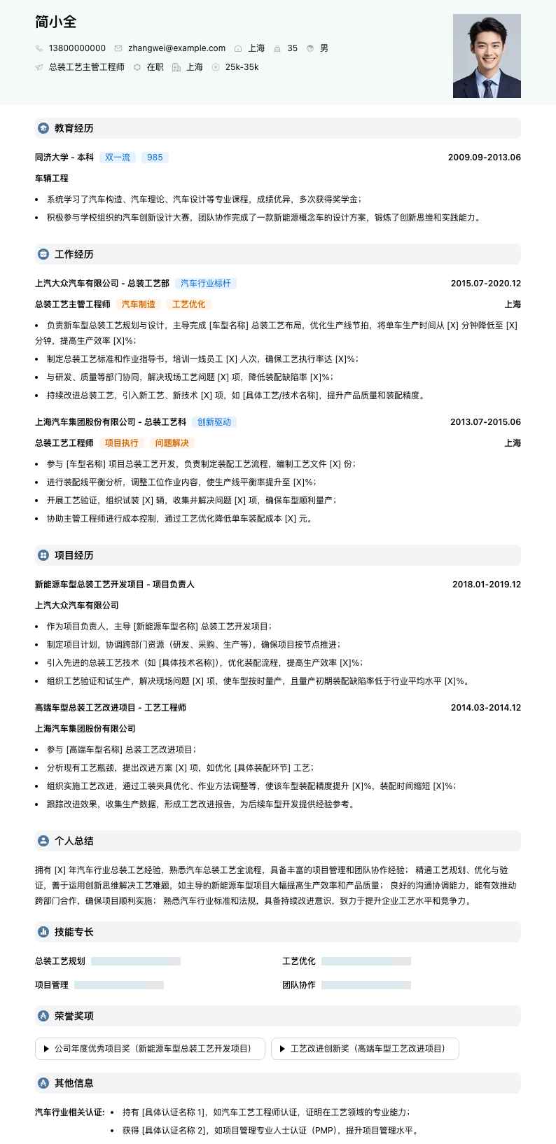 总装工艺主管工程师简历模板