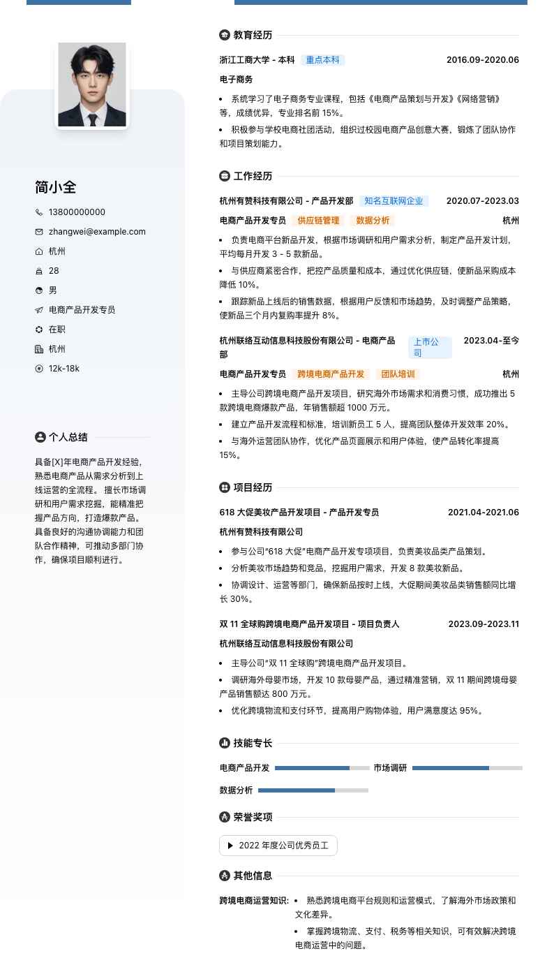 电商产品开发专员简历模板