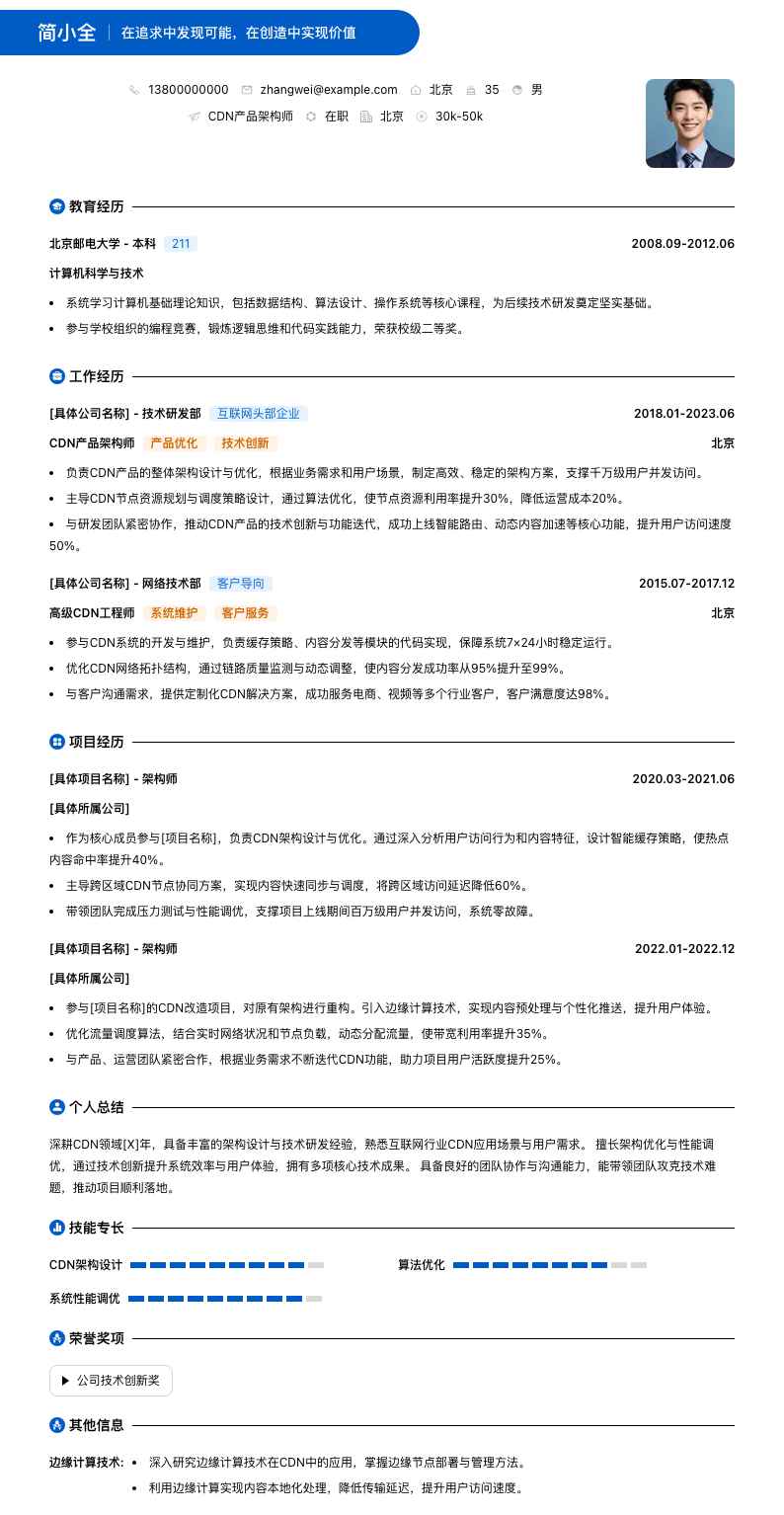 cdn产品架构师简历模板