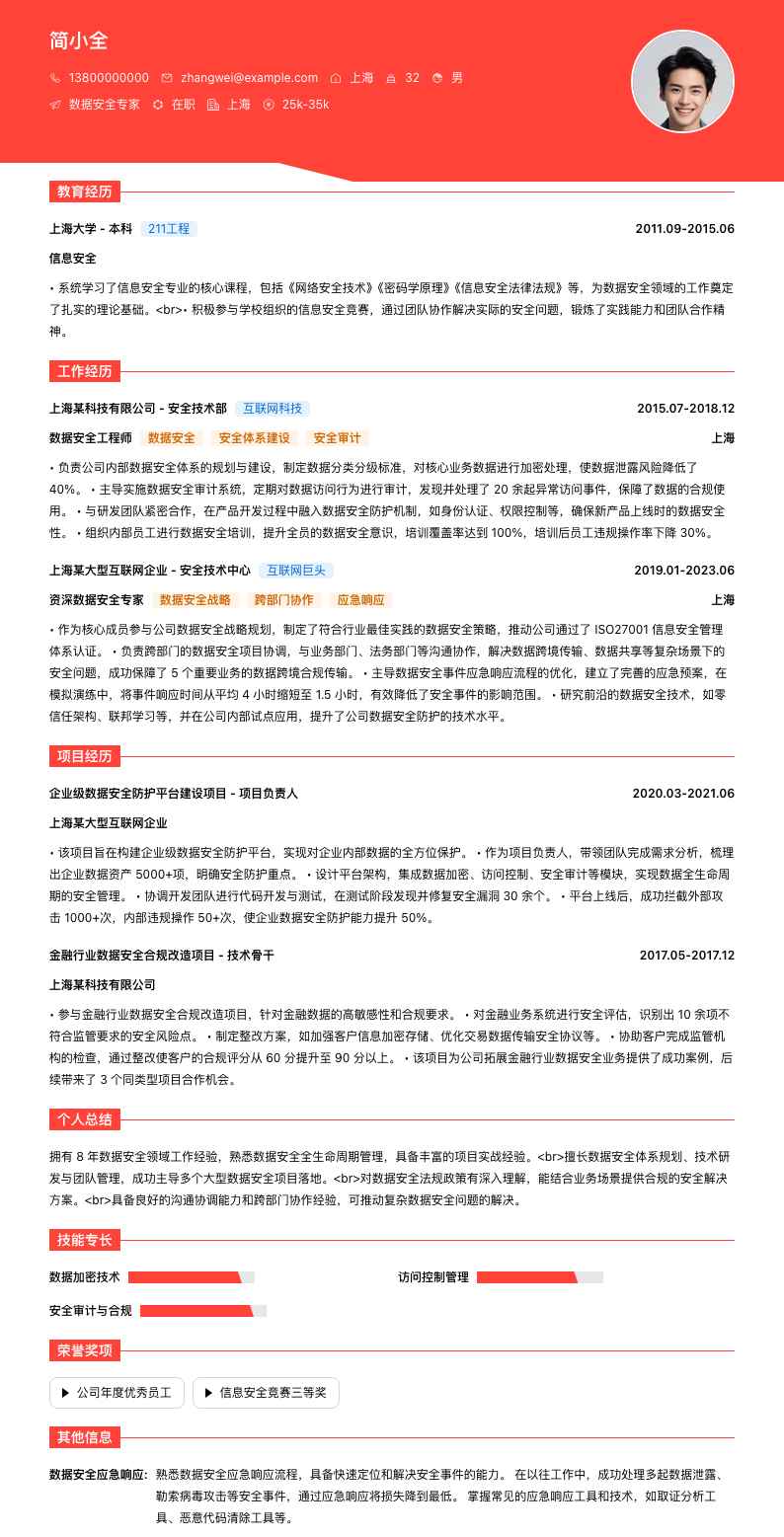 数据安全专家简历模板