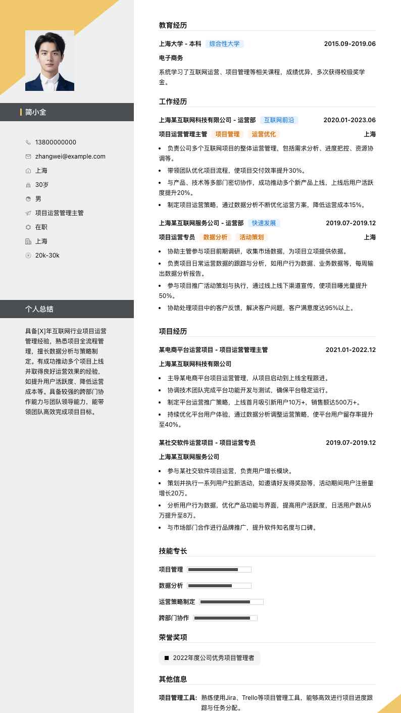 项目运营管理主管简历模板