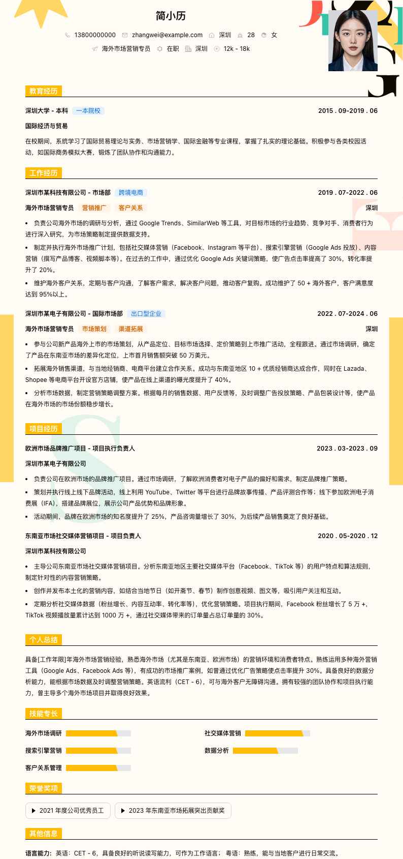 海外市场营销专员简历模板