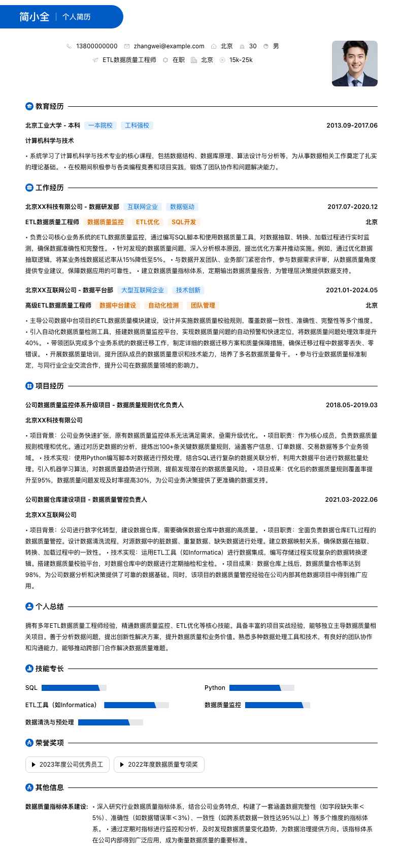 ETL数据质量工程师简历模板