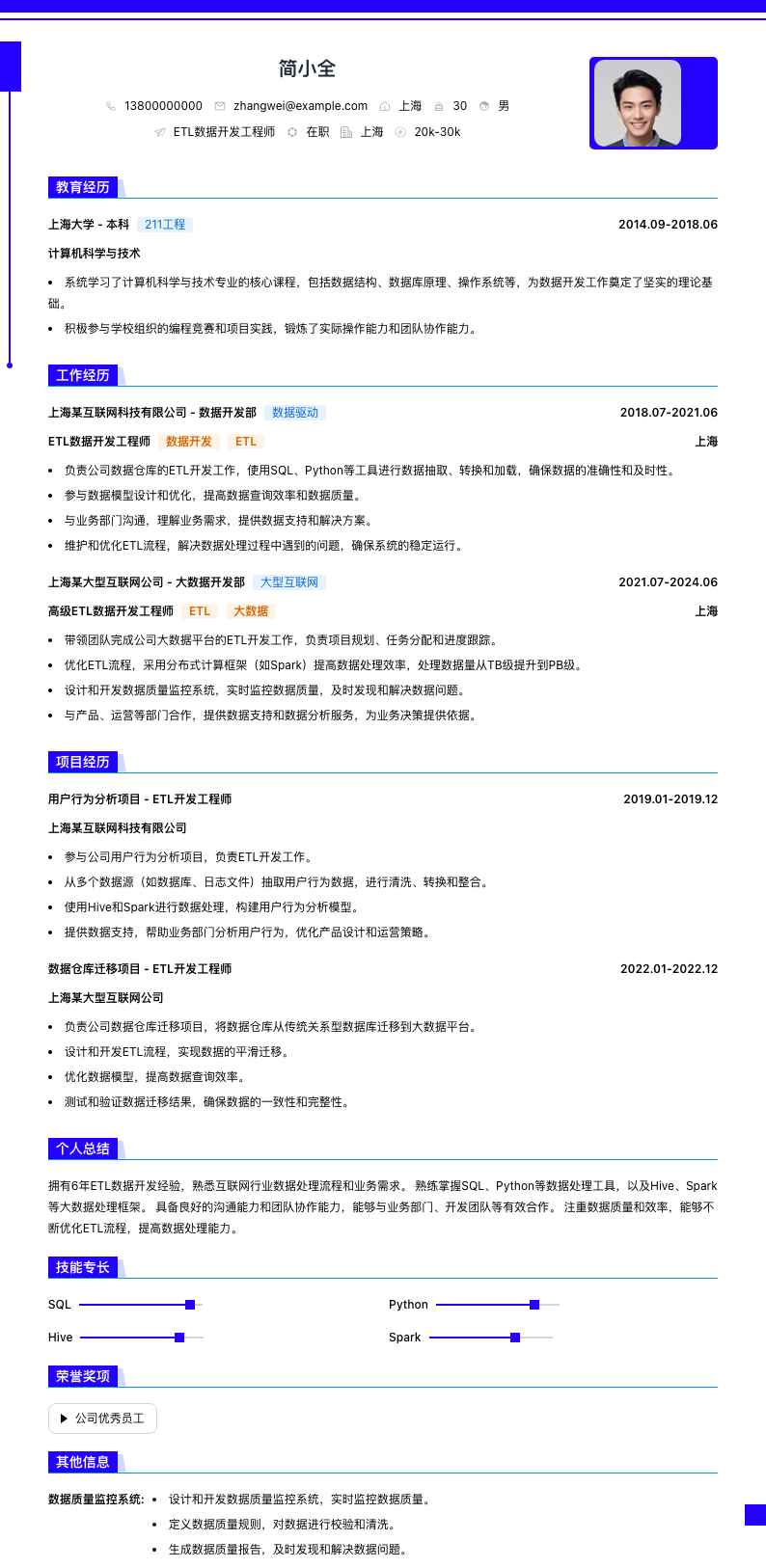 etl数据开发工程师简历模板