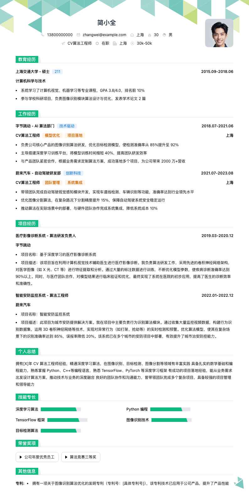 cv算法工程师简历模板