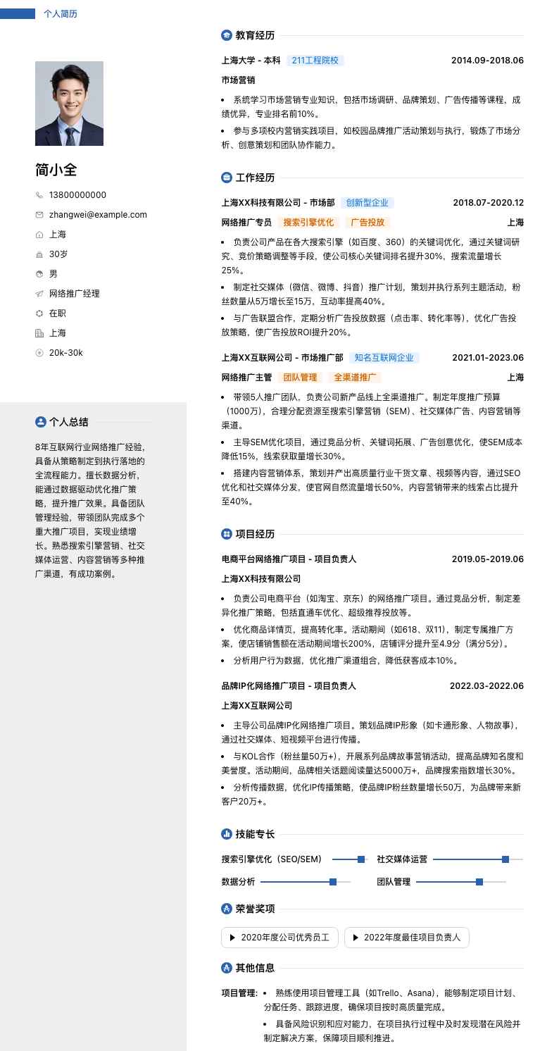 网络推广经理简历模板