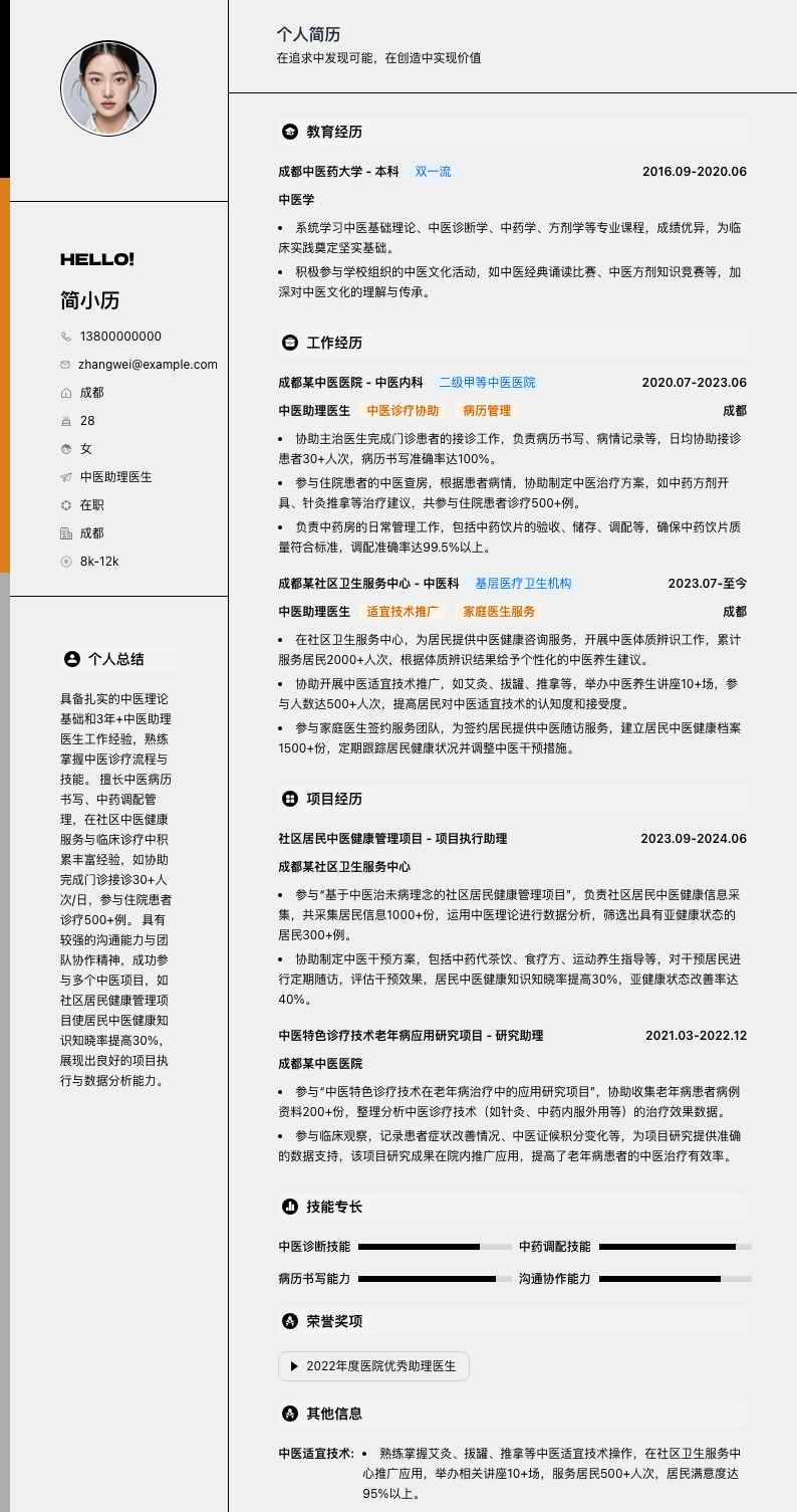 中医助理医生简历模板