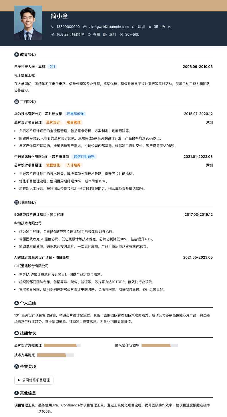 芯片设计项目经理简历模板