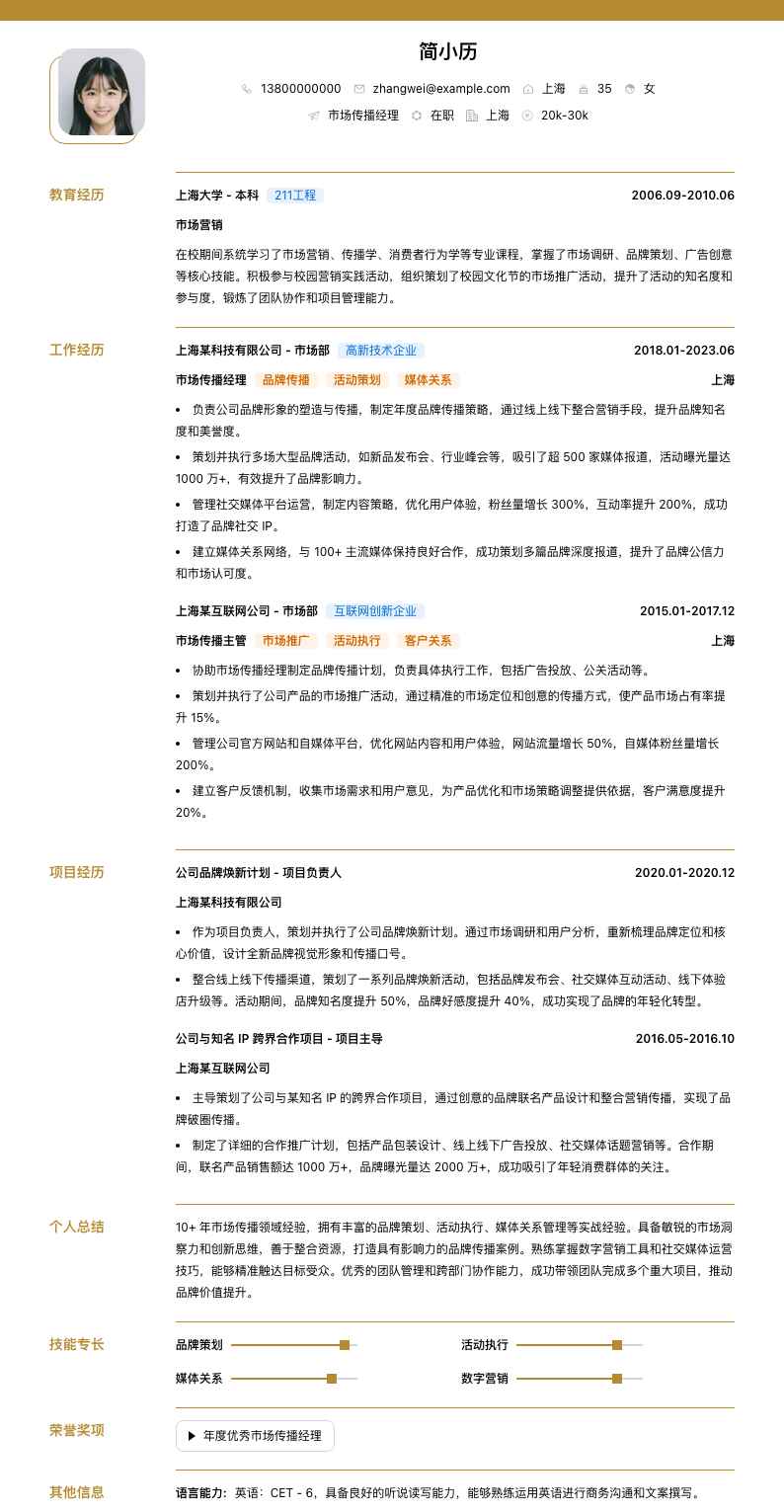 市场传播经理简历模板